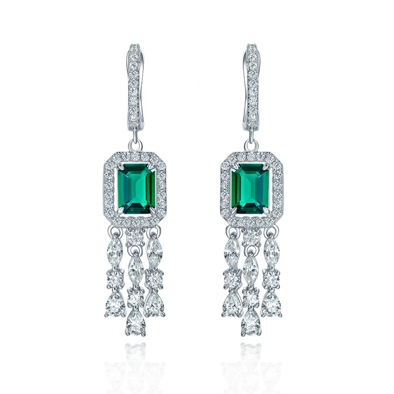 Real Sterling Silver 925 Green Baguette CZ Diamond Long Hoop Bàn tai cho mặc Unisex