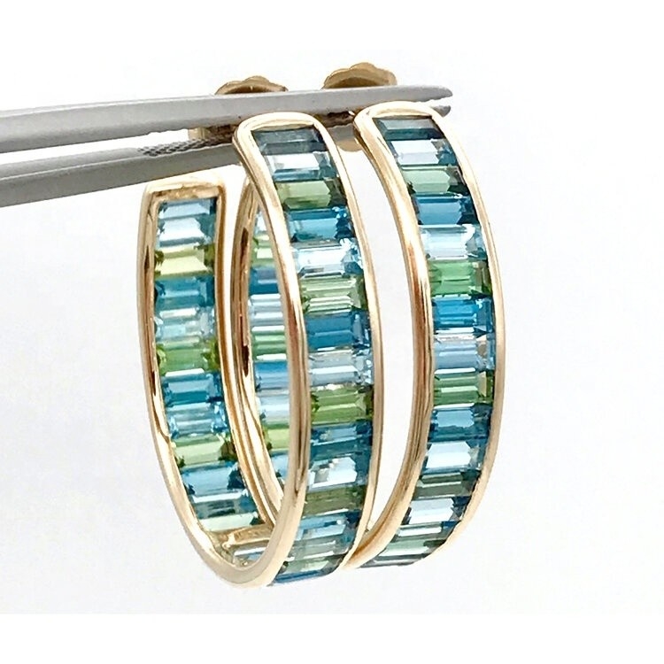 Vật liệu chính đồ trang sức Baguette bạc Topaz màu xanh và xanh lá cây Stud Hoops cho phong cách cổ điển