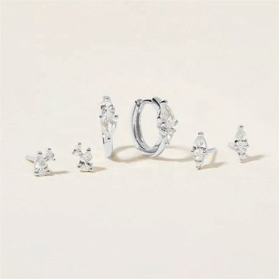 18K hiện đại vàng mạ trắng cubic Zircon 925 Sterling bạc Stud & Huggies Set Bỏ tai