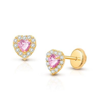 Bông tai nụ hình trái tim bằng bạc 925 đính đá CZ hồng và trắng, kiểu đính đá pave cho trang sức cao cấp trẻ em