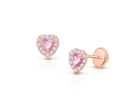 Bông tai nụ hình trái tim bằng bạc 925 đính đá CZ hồng và trắng, kiểu đính đá pave cho trang sức cao cấp trẻ em