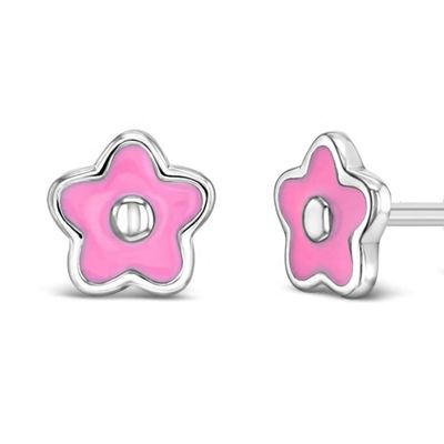 Bông tai nụ hình hoa tráng men hồng 6mm bằng bạc 925 với logo tùy chỉnh và thẩm định của bên thứ ba dành cho trẻ em