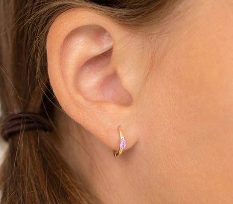 14K vàng 10mm Baguette cắt màu hồng hình khối Zircon trẻ em Hoop Bàn tai với 50PRS MOQ