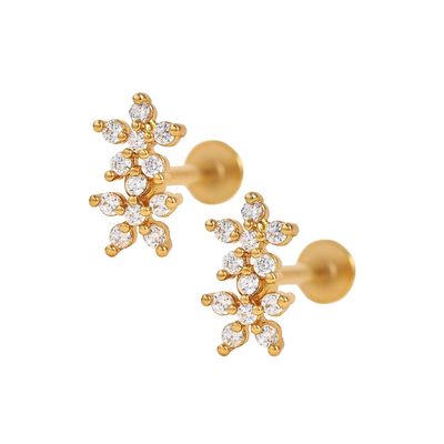Phong cách cổ điển hoa đôi quả bóng trở lại lưng phẳng 925 bạc Sterling bông tai cho cô gái
