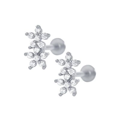 Phong cách cổ điển hoa đôi quả bóng trở lại lưng phẳng 925 bạc Sterling bông tai cho cô gái