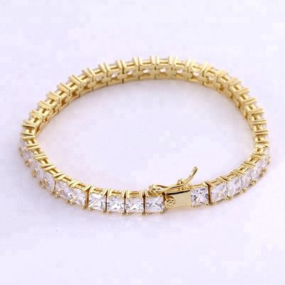 Unisex làm bằng tay 18K vàng Hip Hop Băng cắt hình vuông Kim cương CZ 925 Sterling bạc xếp chồng quần vợt vòng tay