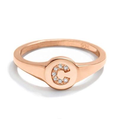 Customizable Letter Initial Signet Ring 18K Gold Plated 925 Silver CZ Classic Design