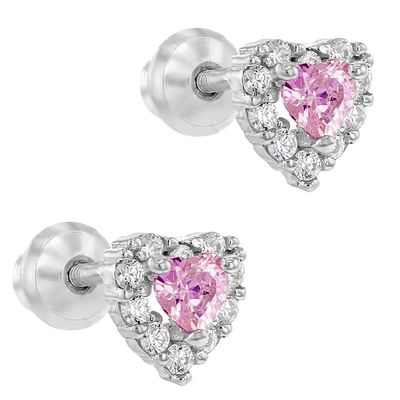 Trái tim vàng hồng màu hồng CZ Vít trở lại tai nghe Stud cho trẻ em trong 925 Sterling bạc