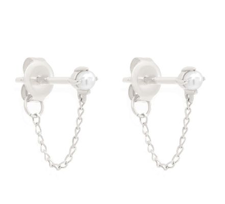 925 Sterling Silver Chain Drop Pearl Earrings Bạch Dương Nước ngọt Pearl Earrings