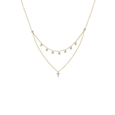 Hai lớp Bezel Set Diamond Cross Pendant Rhodium vàng mạ chuỗi vòng cổ
