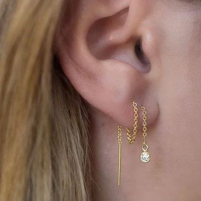 925 Sterling bạc đơn giản 18K vàng bọc phụ nữ Bezel Drop Chain Threader tai