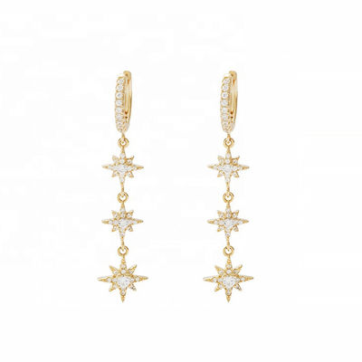 Vàng bọc 925 Bạc Brazil Starburst Long Dangle Hoop Bàn tai cho phụ nữ