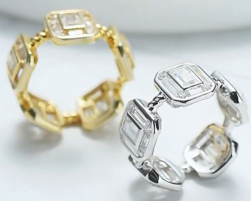 Emerald White CZ Đàn bà Eternity Band Baguette 18K vàng 925 Sterling bạc nhẫn