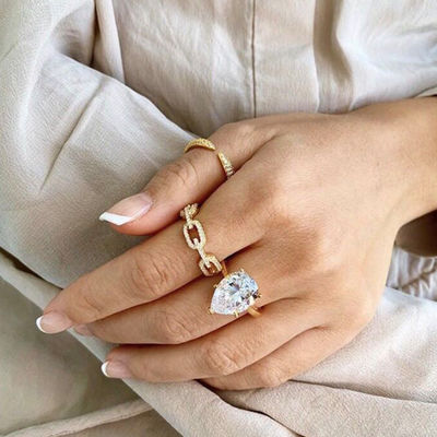 925 Sterling Silver Curb Link Chain Ring 18K Phụ nữ Cubic Zirconia