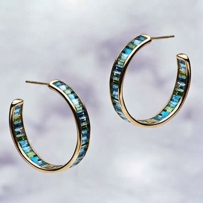 Vật liệu chính đồ trang sức Baguette bạc Topaz màu xanh và xanh lá cây Stud Hoops cho phong cách cổ điển