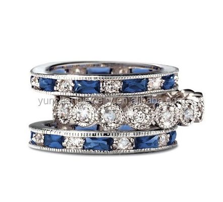 925 Sterling bạc CZ mô phỏng Sapphire xếp chồng nhẫn Set có kích thước tùy chỉnh