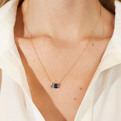 Hot bán 925 bạc đệm cắt sapphire và hình chữ nhật cắt trắng Zircon màu khối Zirconia Double Stone Pendant Necklaces