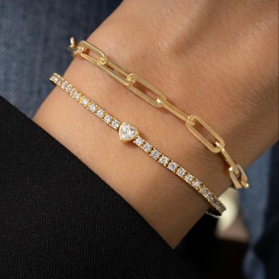 Vòng tay tennis hình trái tim mạ vàng 14K bằng bạc 925 với đá Zircon