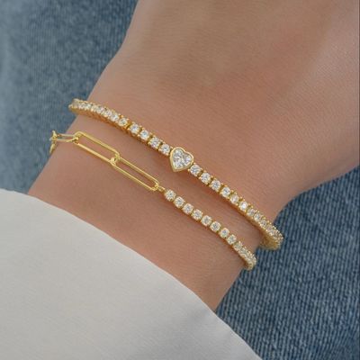 Vòng tay tennis hình trái tim mạ vàng 14K bằng bạc 925 với đá Zircon