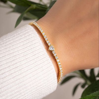 Vòng tay tennis hình trái tim mạ vàng 14K bằng bạc 925 với đá Zircon