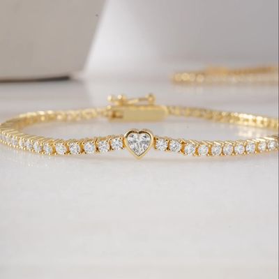Vòng tay tennis hình trái tim mạ vàng 14K bằng bạc 925 với đá Zircon
