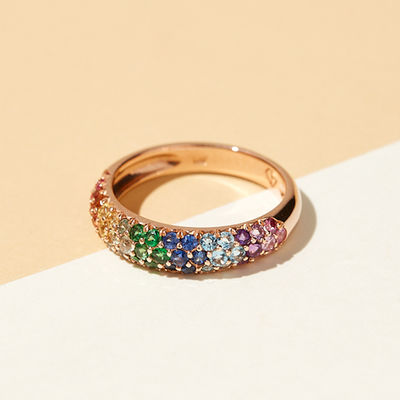 Nhẫn chùm bạc 925 mạ vàng 18K đính đá Zircon cầu vồng