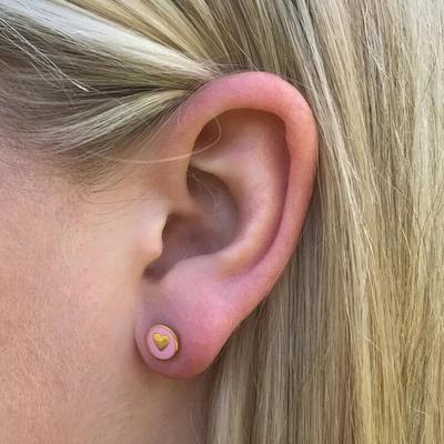 Bông tai nụ hình trái tim 8mm Bạc 925 với men hồng