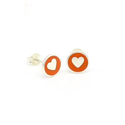 Bông tai nụ hình trái tim 8mm Bạc 925 với men hồng